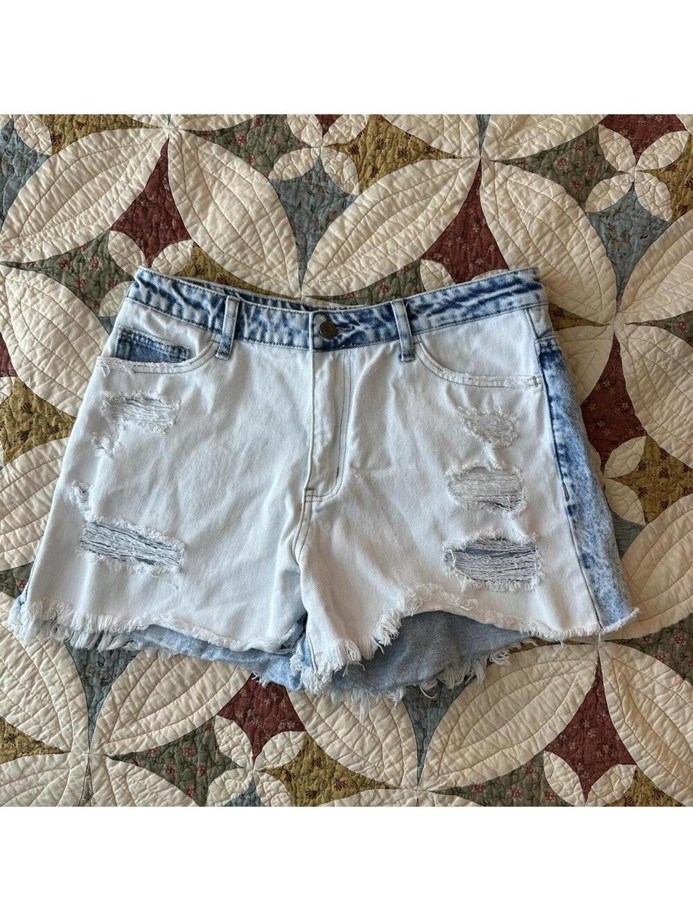 Vervet two tone white & blue distressed ripped jean high waisted shorts summer